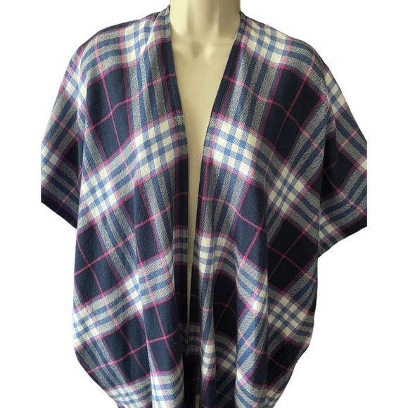 Loft Womens Plaid Frayed Hem Knit Wrap Open Cardigan Sweater XS-S Blue Pink - Picture 2 of 9